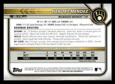 2022 Bowman Draft 1st Edition #BD-116 Hendry Mendez - Baseball Card Single