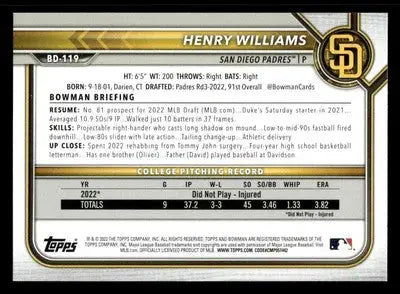 2022 Bowman Draft 1st Edition #BD-119 Henry Williams - Baseball Card Single