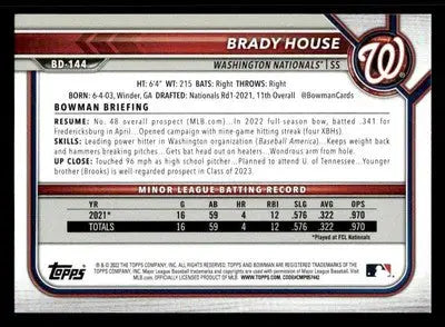 2022 Bowman Draft 1st Edition #BD-144 Brady House - Baseball Card Single