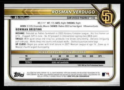 2022 Bowman Draft 1st Edition #BD-161 Rosman Verdugo Blue Foil 035/150 - Baseball Card Single