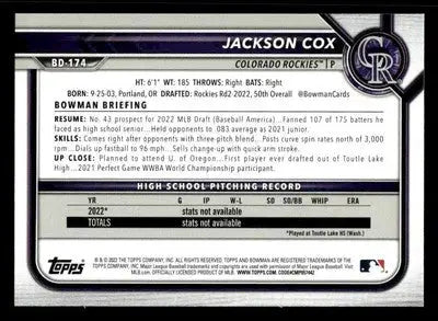 2022 Bowman Draft 1st Edition #BD-174 Jackson Cox - Baseball Card Single