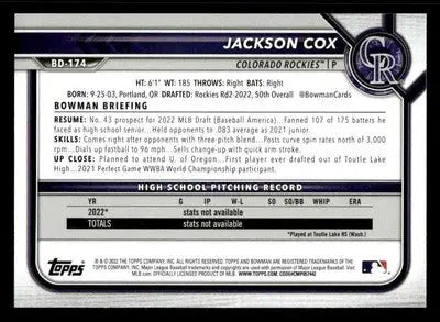2022 Bowman Draft 1st Edition #BD-174 Jackson Cox - Baseball Card Single