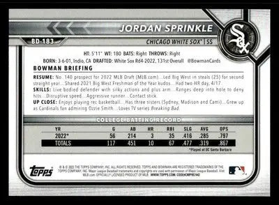 2022 Bowman Draft 1st Edition #BD-183 Jordan Sprinkle - Baseball Card Single