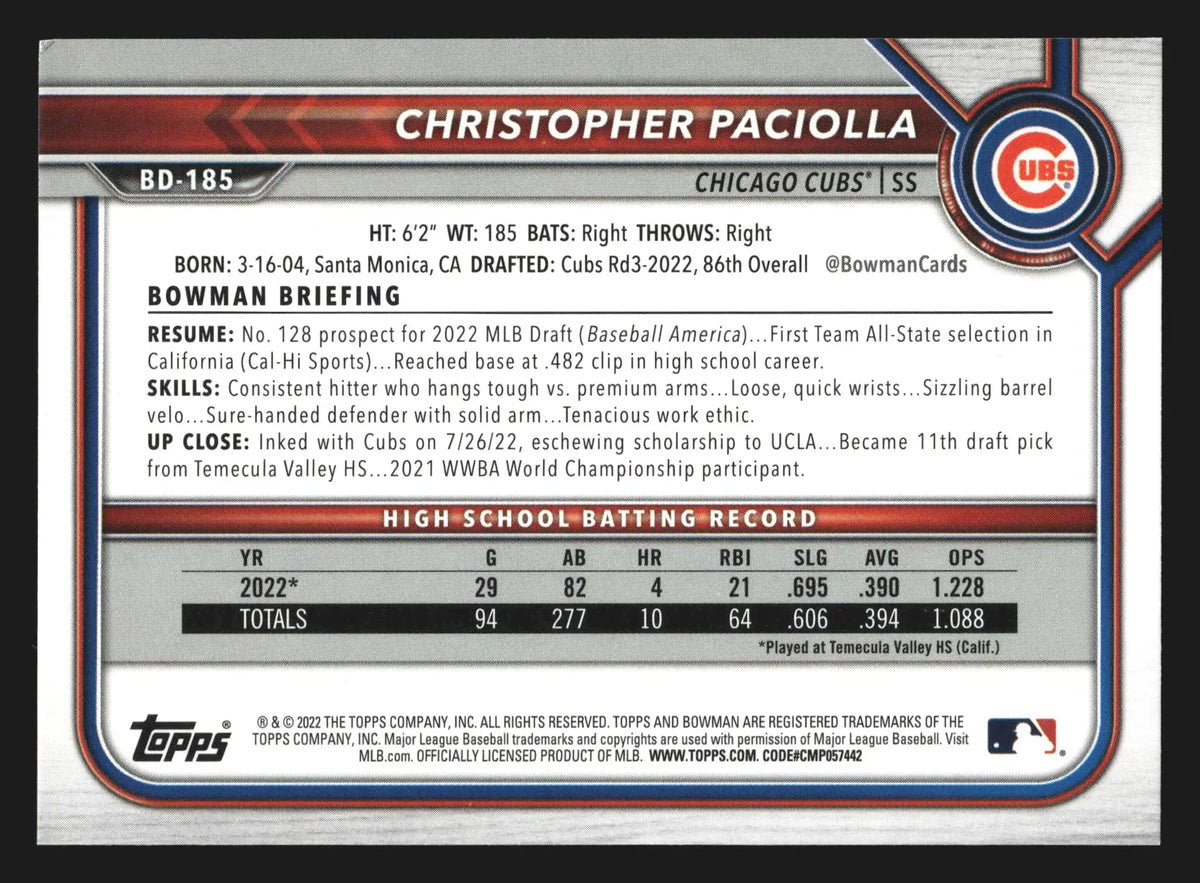 2022 Bowman Draft 1st Edition #BD-185 Christopher Paciolla 1st Bowman - Baseball Card Single