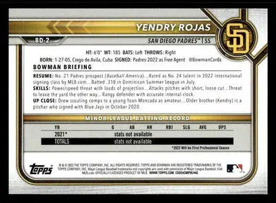 2022 Bowman Draft 1st Edition #BD-2 Yendry Rojas - Baseball Card Single
