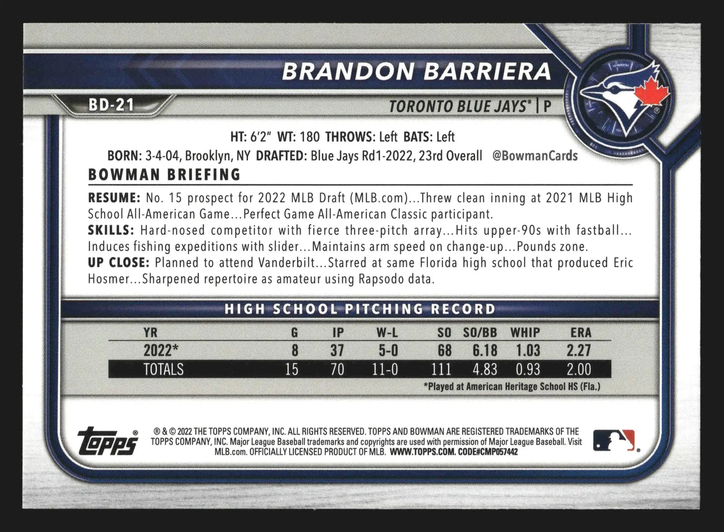 2022 Bowman Draft 1st Edition #BD-21 Brandon Barriera Blue Jays 1st Bowman - Baseball Card Single