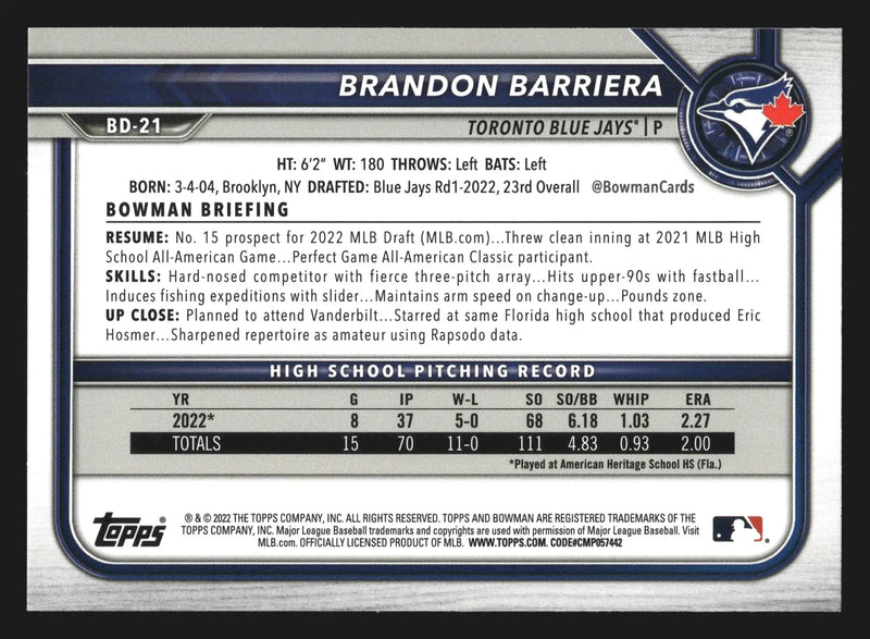 2022 Bowman Draft 1st Edition #BD-21 Brandon Barriera Blue Jays 1st Bowman - Baseball Card Single