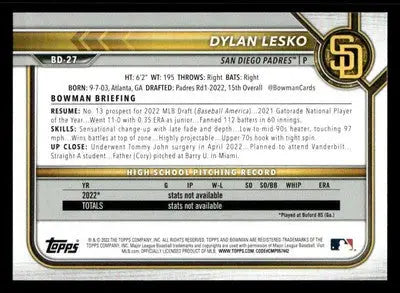 2022 Bowman Draft 1st Edition #BD-27 Dylan Lesko - Baseball Card Single