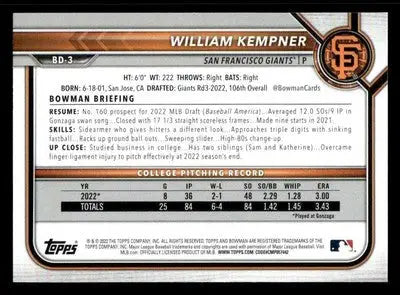 2022 Bowman Draft 1st Edition #BD-3 William Kempner - Baseball Card Single