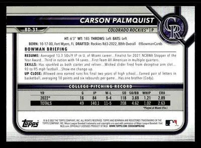 2022 Bowman Draft 1st Edition #BD-31 Carson Palmquist - Baseball Card Single