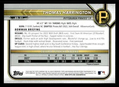 2022 Bowman Draft 1st Edition #BD-37 Thomas Harrington - Baseball Card Single