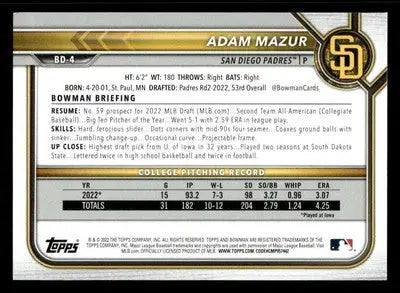 2022 Bowman Draft 1st Edition #BD-4 Adam Mazur - Baseball Card Single