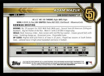 2022 Bowman Draft 1st Edition #BD-4 Adam Mazur Sky Blue - Baseball Card Single