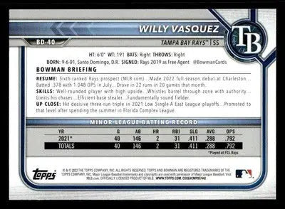 2022 Bowman Draft 1st Edition #BD-40 Willy Vasquez - Baseball Card Single
