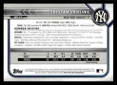 2022 Bowman Draft 1st Edition #BD-43 Trystan Vrieling - Baseball Card Single
