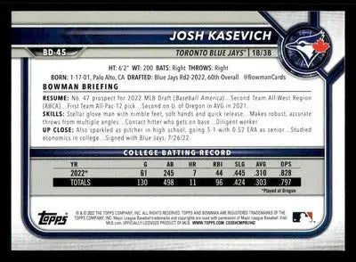 2022 Bowman Draft 1st Edition #BD-45 Josh Kasevich - Baseball Card Single