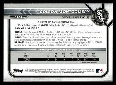2022 Bowman Draft 1st Edition #BD-54 Colson Montgomery - Baseball Card Single