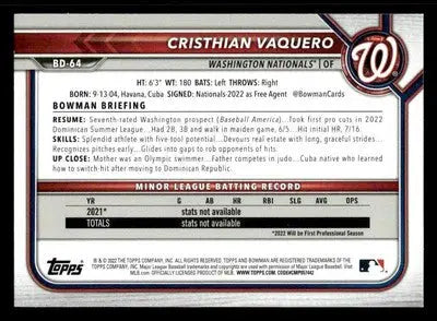 2022 Bowman Draft 1st Edition #BD-64 Cristhian Vaquero - Baseball Card Single