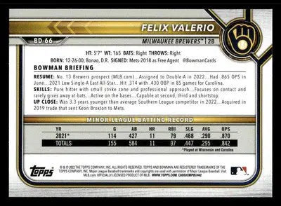 2022 Bowman Draft 1st Edition #BD-66 Felix Valerio - Baseball Card Single
