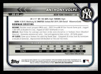 2022 Bowman Draft 1st Edition #BD-68 Anthony Volpe - Baseball Card Single