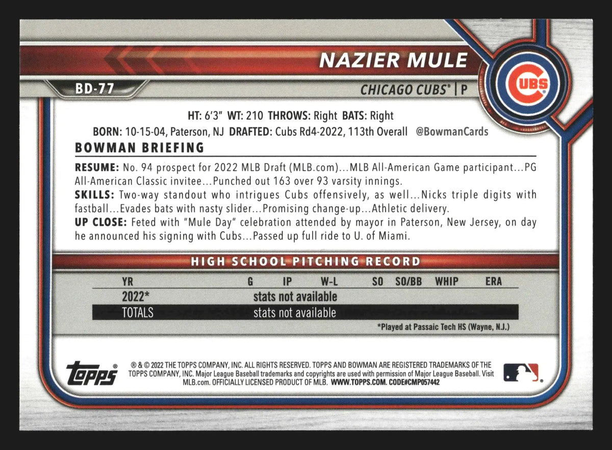 2022 Bowman Draft 1st Edition #BD-77 Nazier Mule 1st Bowman Cubs - Baseball Card Single