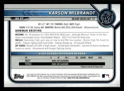 2022 Bowman Draft 1st Edition #BD-87 Karson Milbrandt - Baseball Card Single