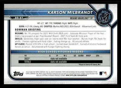 2022 Bowman Draft 1st Edition #BD-87 Karson Milbrandt - Baseball Card Single