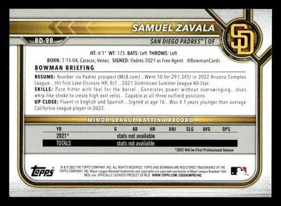2022 Bowman Draft 1st Edition #BD-98 Samuel Zavala - Baseball Card Single