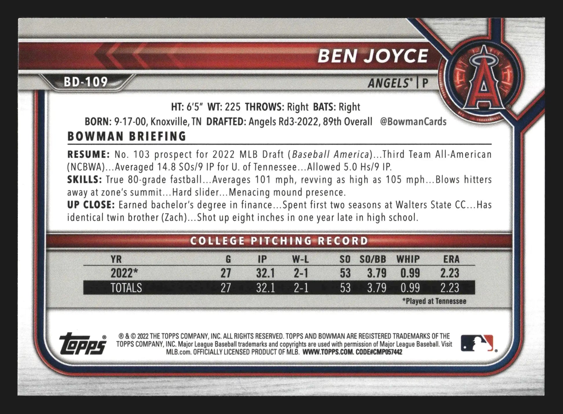 2022 Bowman Draft 1st Edition Ben Joyce #BD-109 1st Bowman Angels - Baseball Card Single