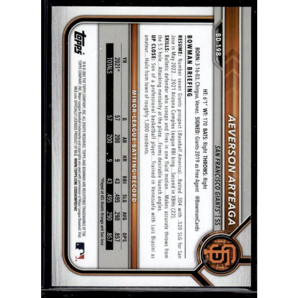 2022 Bowman Draft 1st Edition Blue #BD-198 Aeverson Arteaga NM-MT 101/150 San Francisco Giants Baseball Card - Baseball