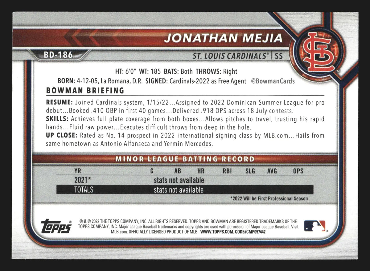 2022 Bowman Draft 1st Edition Jonathan Mejia #BD-186 1st Bowman Cards - Baseball Card Single
