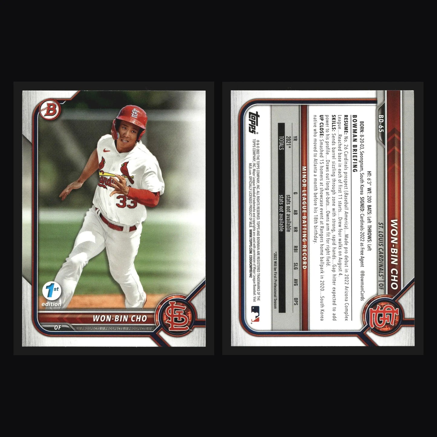 2022 Bowman Draft 1st Edition Won-Bin Cho #BD-65 St. Louis Cardinals - Baseball Card Single