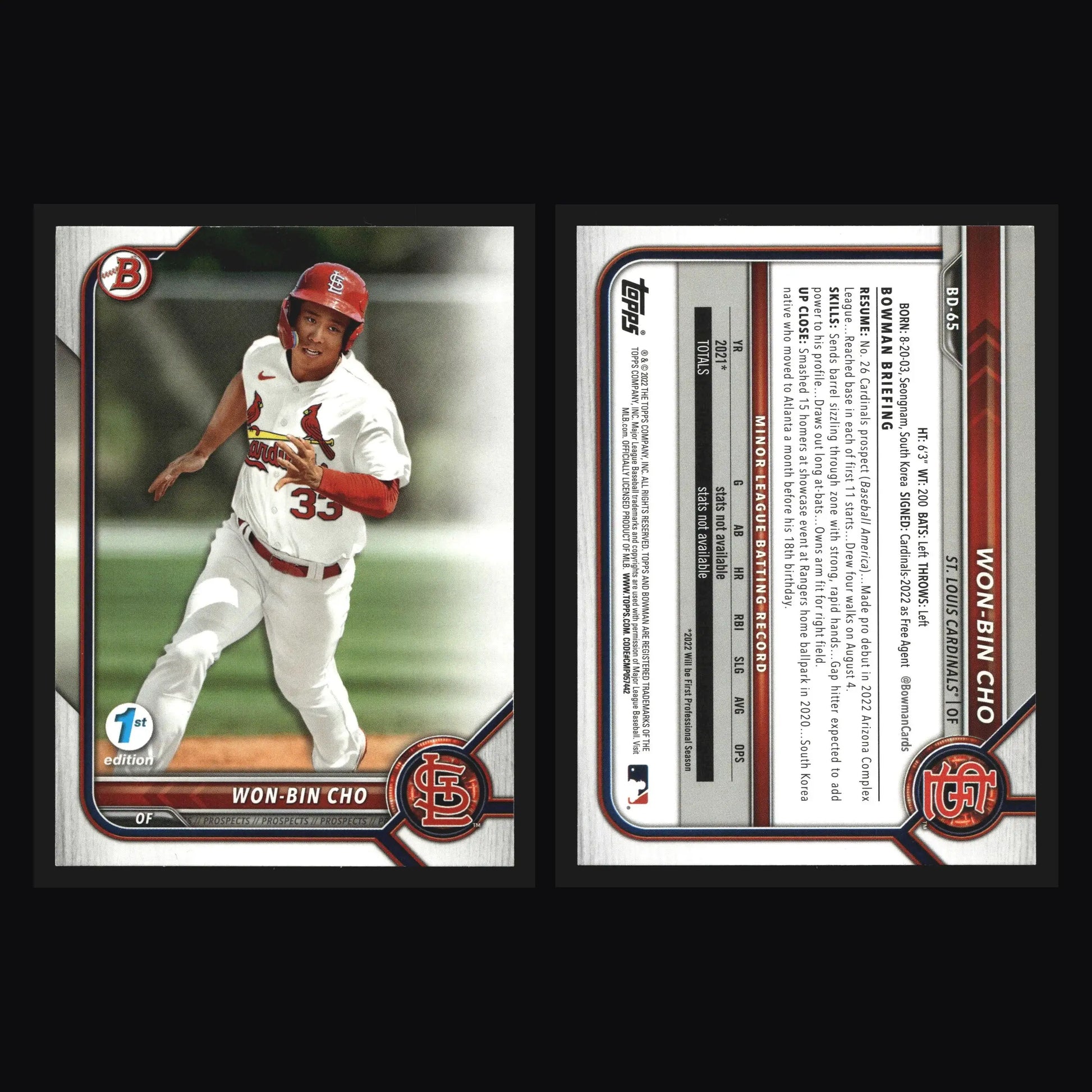 2022 Bowman Draft 1st Edition Won-Bin Cho #BD-65 St. Louis Cardinals - Baseball Card Single
