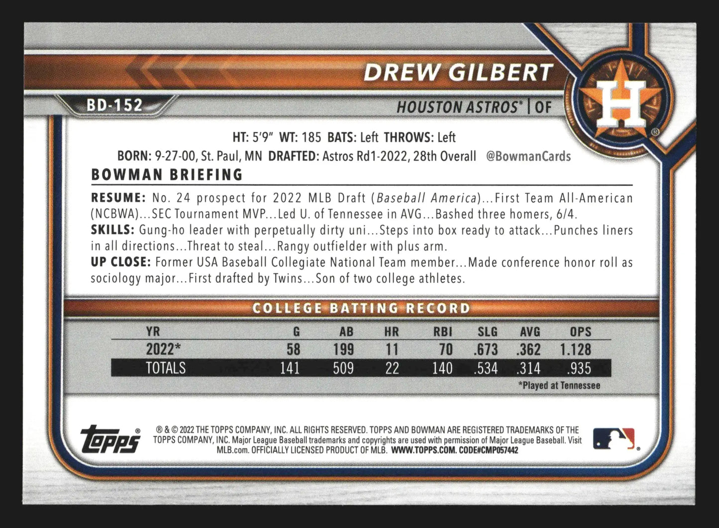 2022 Bowman Draft #BD-152 Drew Gilbert Astros 1st Bowman - Baseball Card Single