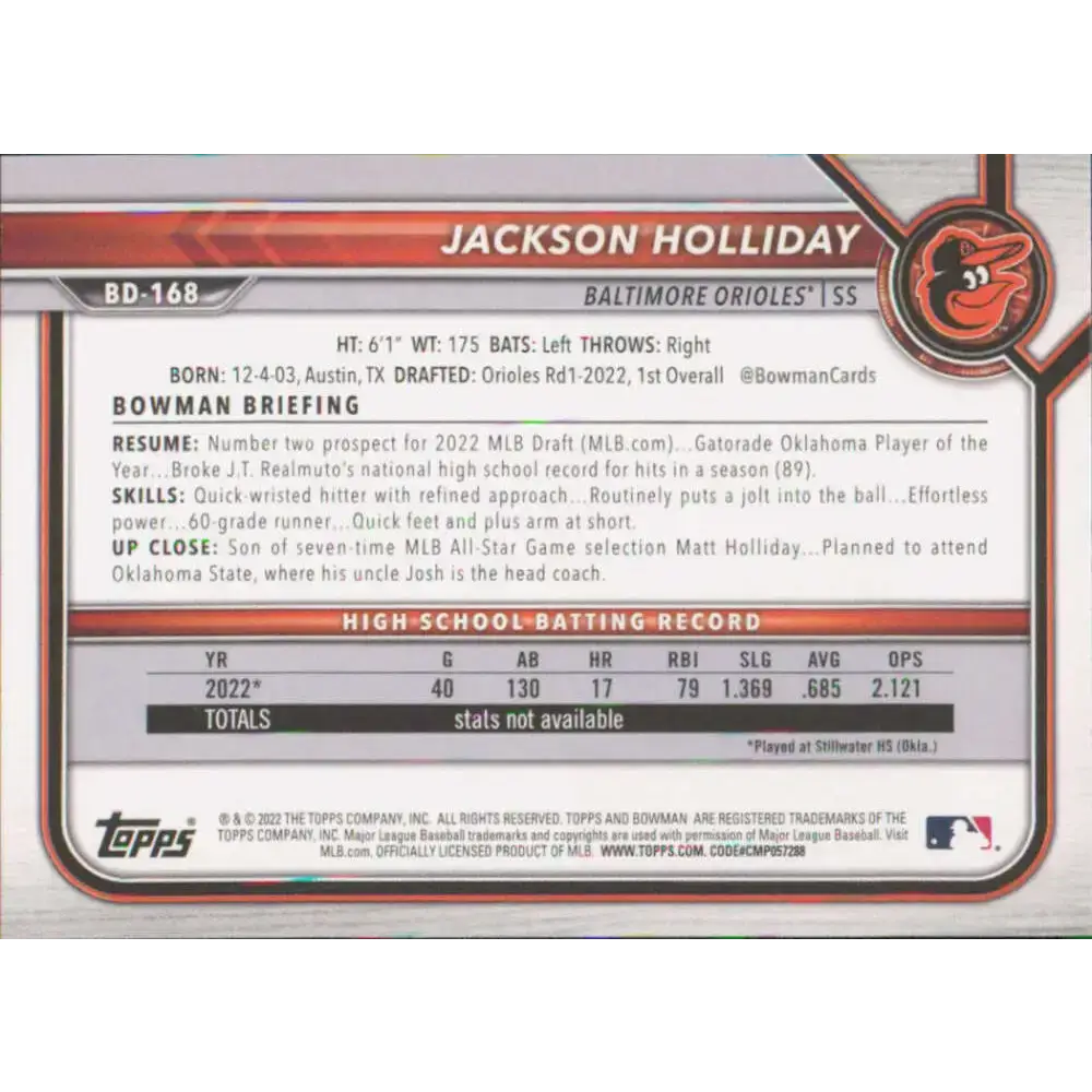 2022 Bowman Draft #BD-168 Jackson Holliday NM-MT Baltimore Orioles Baseball Card - Baseball Card Single