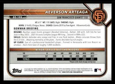 2022 Bowman Draft #BD-198 Aeverson Arteaga - Baseball Card Single