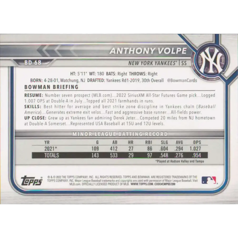 2022 Bowman Draft #BD-68 Anthony Volpe NM-MT New York Yankees Baseball Card - Baseball Card Single