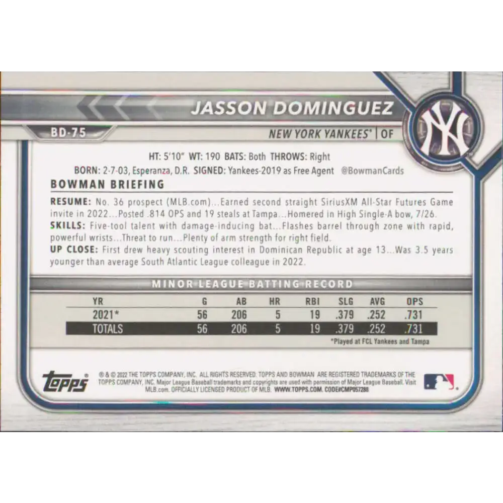 2022 Bowman Draft #BD-75 Jasson Dominguez NM-MT New York Yankees Baseball Card - Baseball Card Single