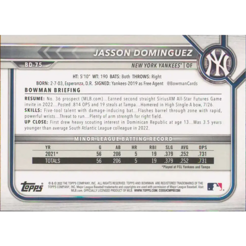 2022 Bowman Draft #BD-75 Jasson Dominguez NM-MT New York Yankees Baseball Card - Baseball Card Single