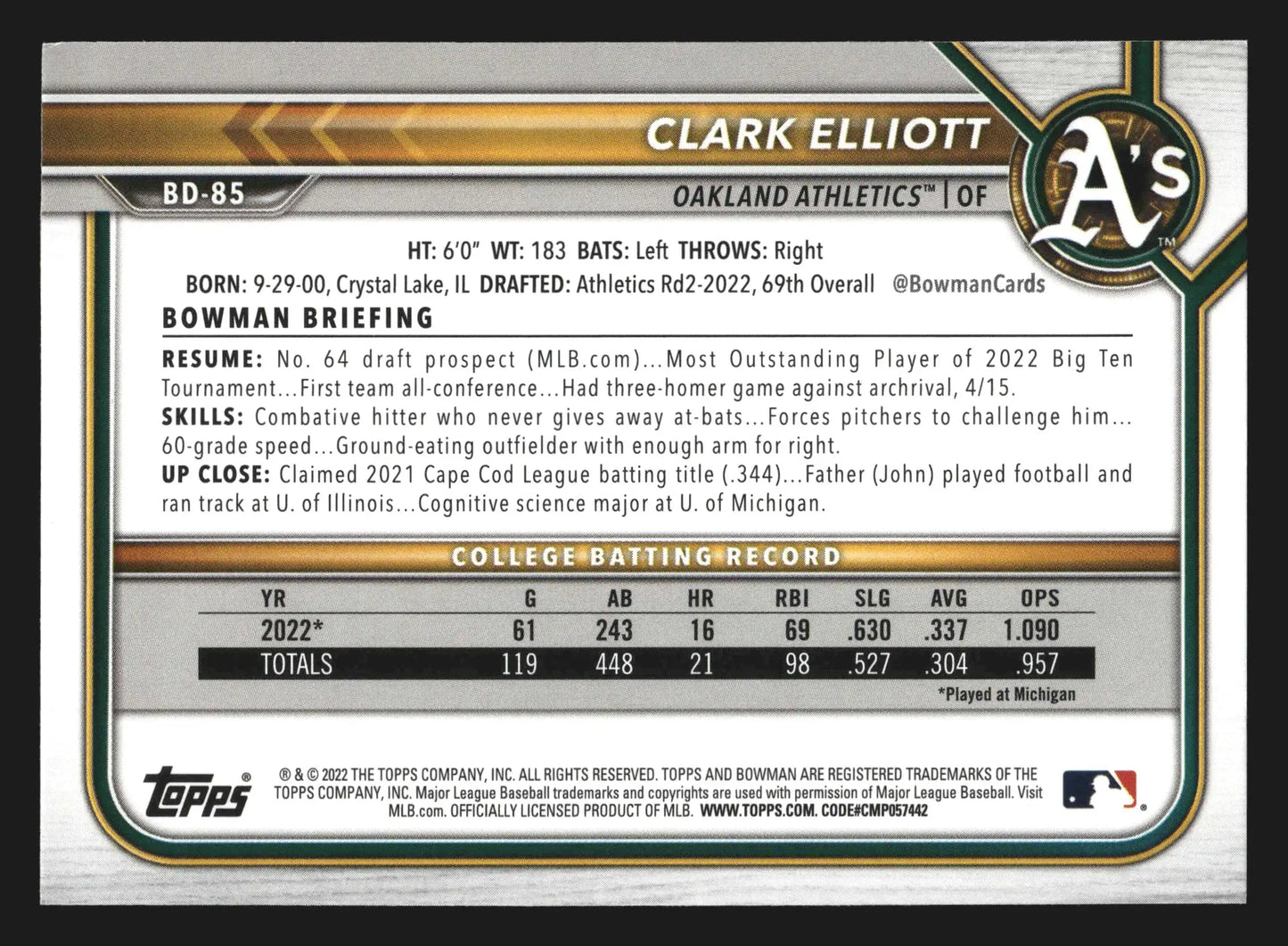 2022 Bowman Draft #BD-85 Clark Elliott Athletics 1st Bowman - Baseball Card Single