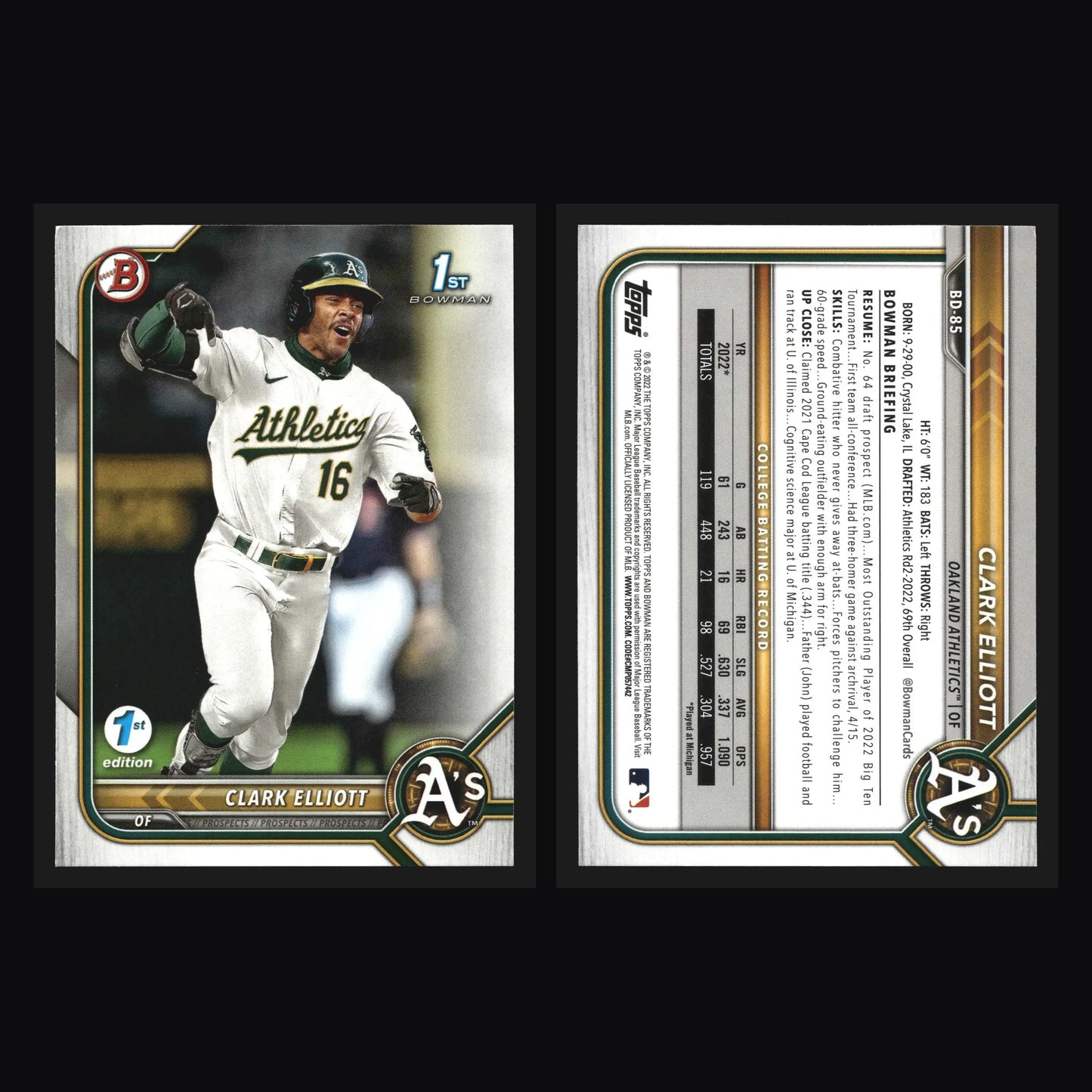2022 Bowman Draft #BD-85 Clark Elliott Athletics 1st Bowman - Baseball Card Single