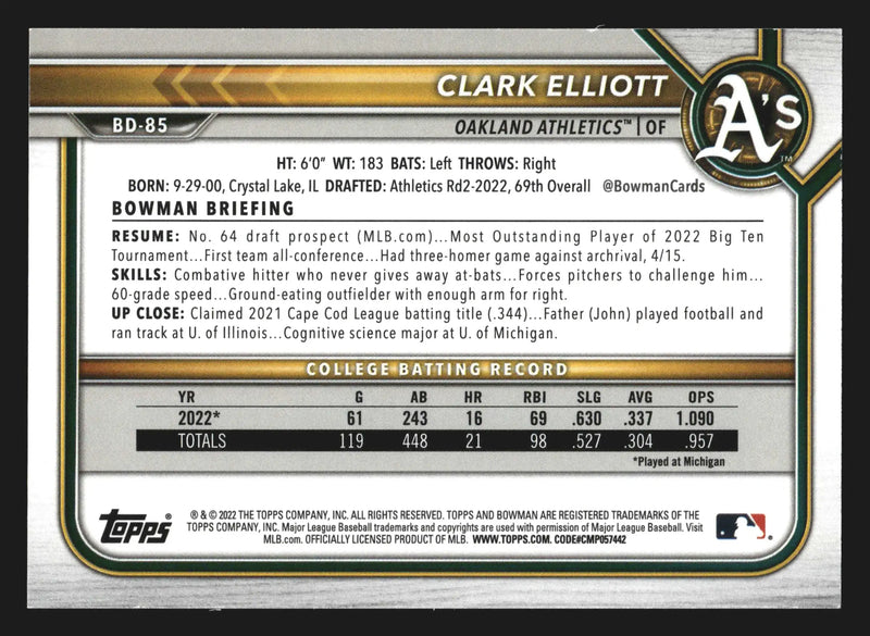 2022 Bowman Draft #BD-85 Clark Elliott Sky Blue 1st Bowman - Baseball Card Single