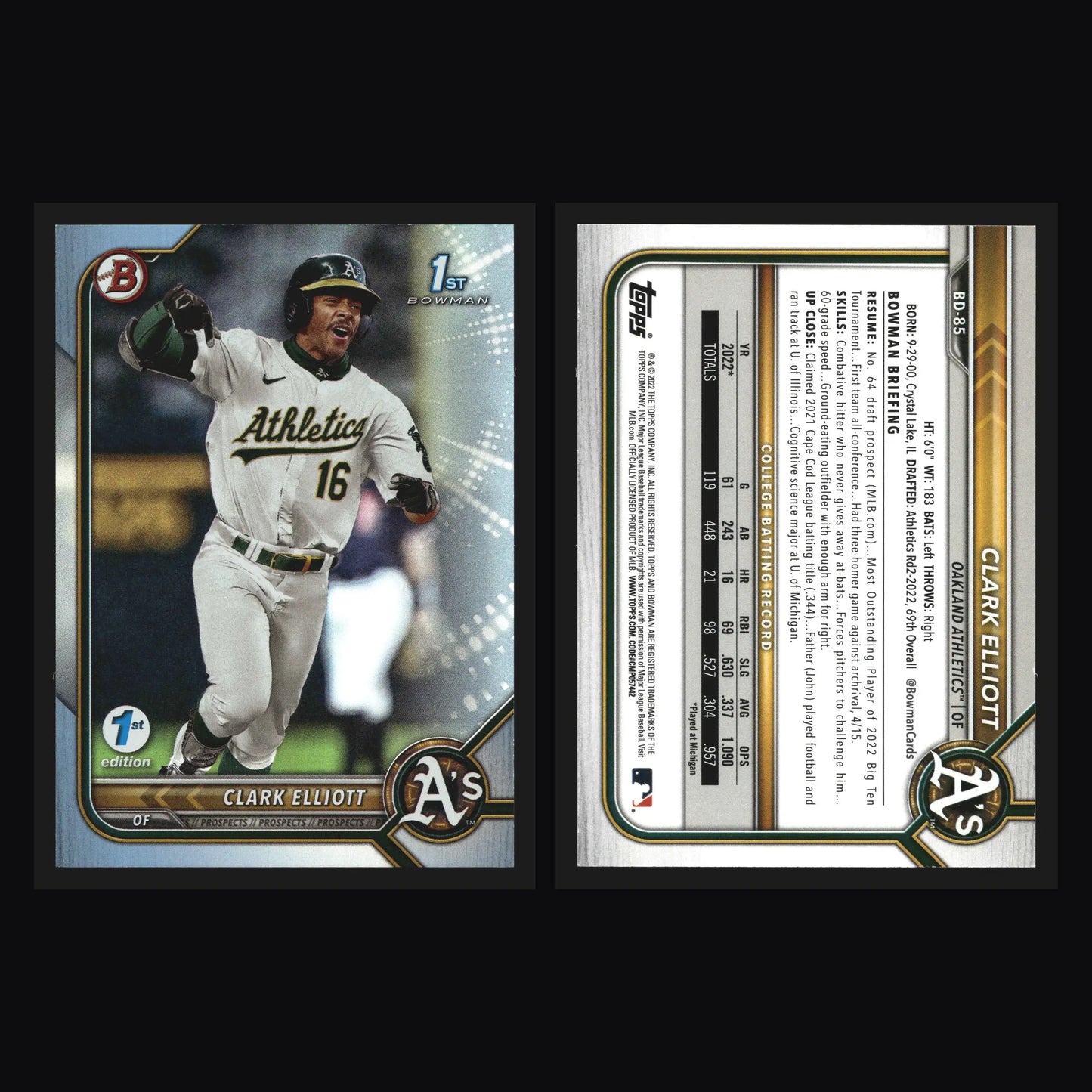 2022 Bowman Draft #BD-85 Clark Elliott Sky Blue 1st Bowman - Baseball Card Single