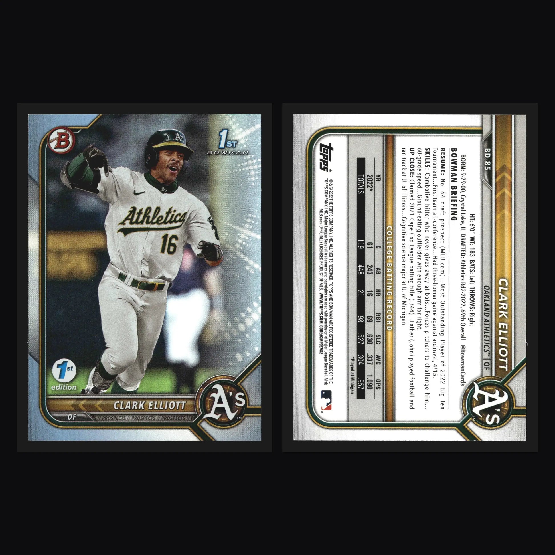 2022 Bowman Draft #BD-85 Clark Elliott Sky Blue 1st Bowman - Baseball Card Single
