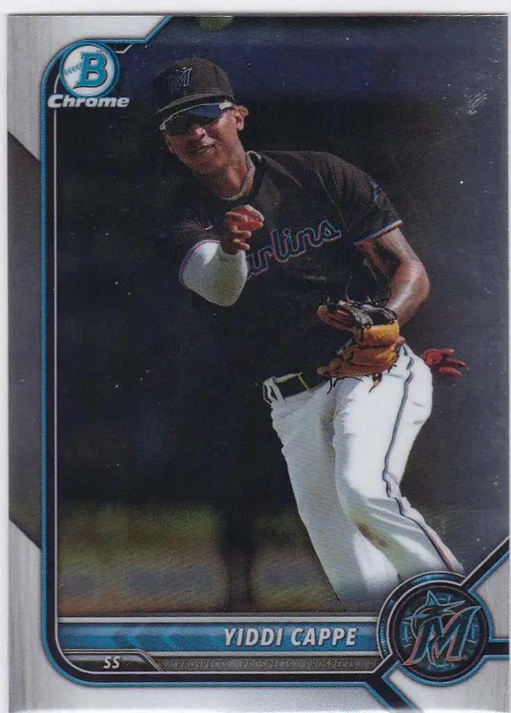Baseball card of Yiddi Cappe fielding a ground ball for Miami Marlins in Bowman Draft Chrome