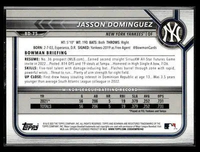 2022 Bowman Draft Jasson Dominguez #BD-75 Orange SN #/25 New York Yankees