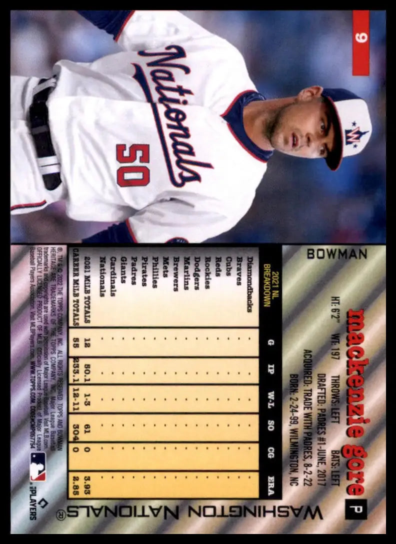 2022 Bowman Heritage MacKenzie Gore RC 9 Washington Nationals NM - Baseball Card Single