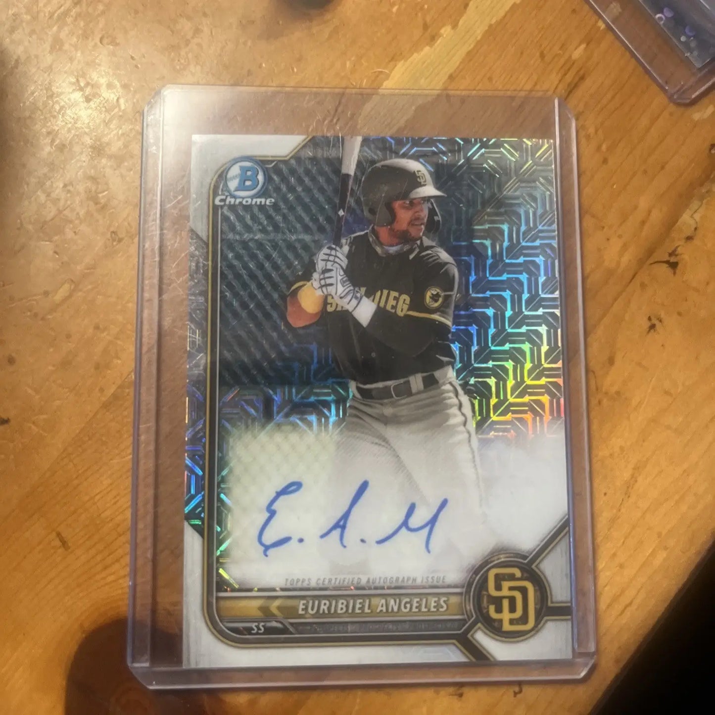 Signed Euribiel Angeles baseball card from 2022 Bowman Mega Box Chrome Mojo Autographs