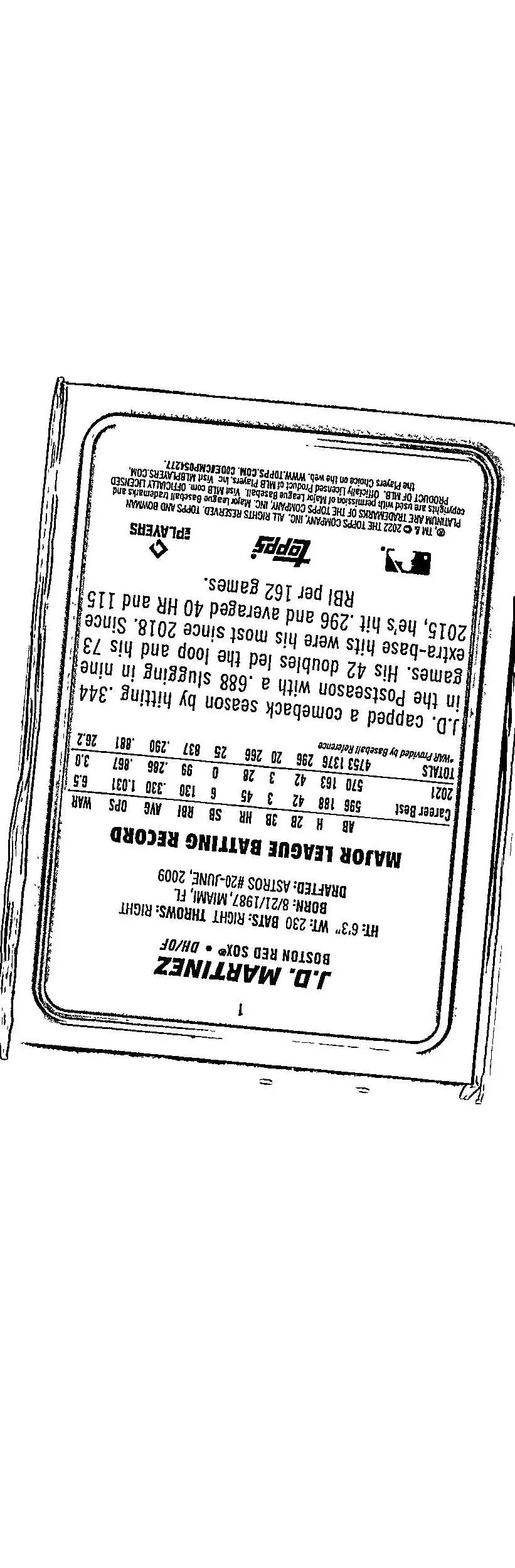 Back of 2022 Bowman Platinum J.D. Martinez Ice Foilboard baseball card
