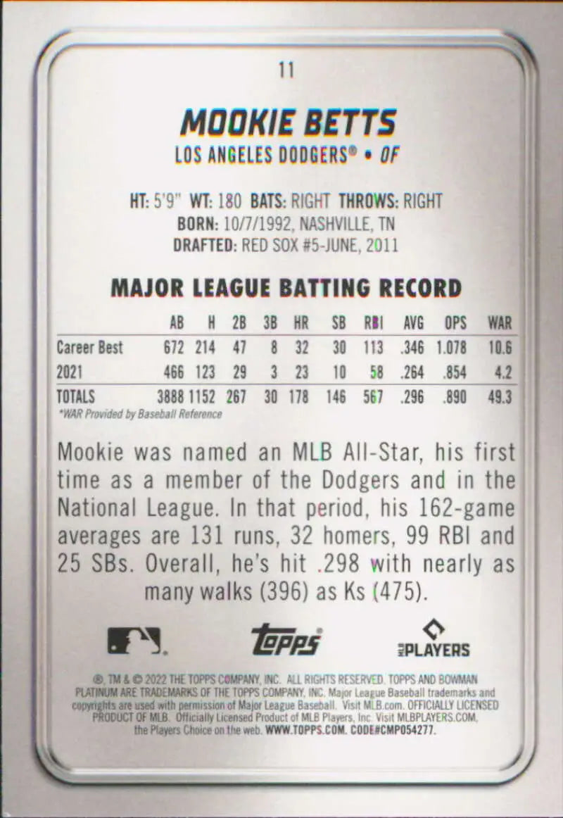 2022 Bowman Platinum #11 Mookie Betts NM Near Mint Dodgers ID:66716 - Baseball Card Single